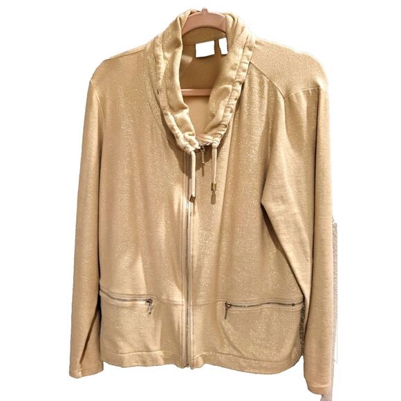 Chico's Size 1 (Medium) Zenergy Gold Cotton Jacket Cowl Neck Draw String Holiday - Picture 5 of 9